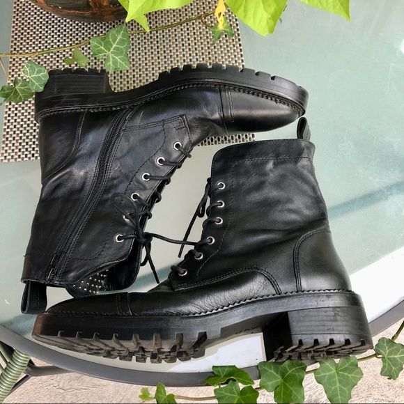 Zara Black Leather Combat Boots with Silver Studded Tongue - Picture 3 of 10